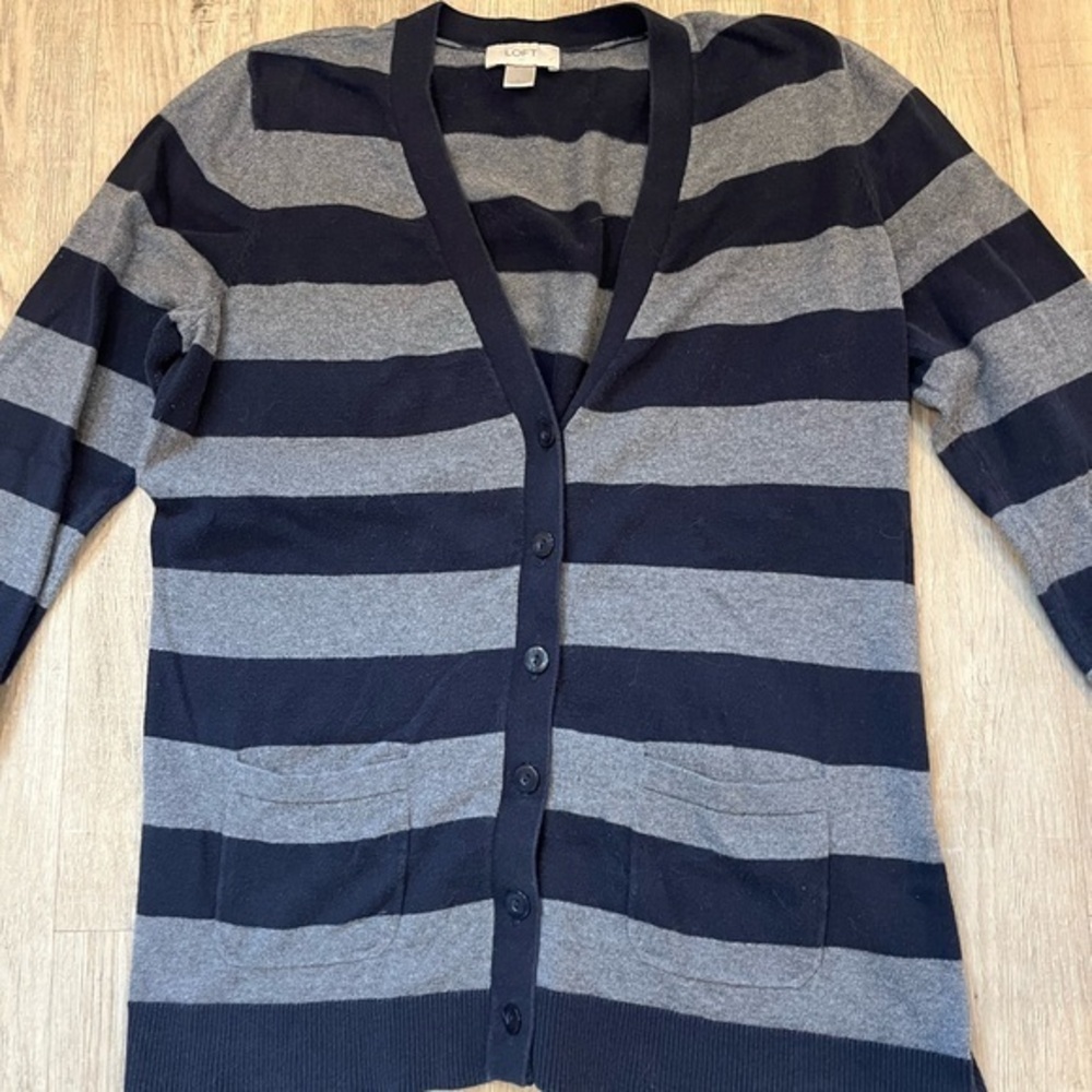 LOFT Navy and Gray Striped V Neck Cardigan Large